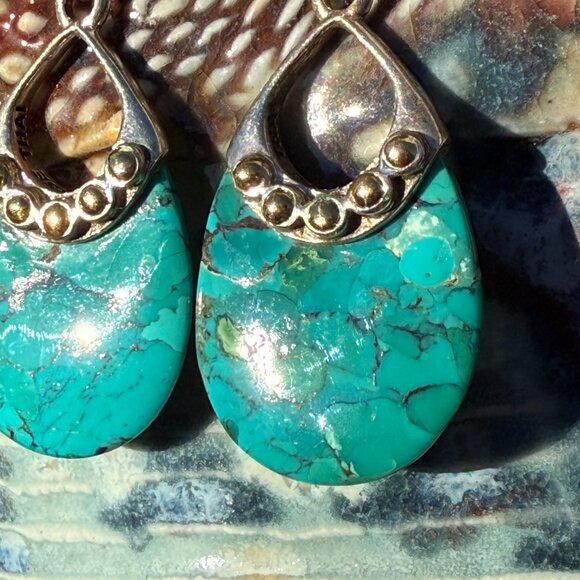Vintage Barse Sterling Silver, Gold & Turquoise Pierced Earrings - Picture 2 of 4
